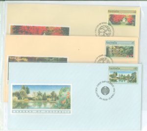 Australia  1132-1134 1989 Gardens, set of 3 high value stamps $2, $5, $10, on 3 unaddressed, cacheted FDCS