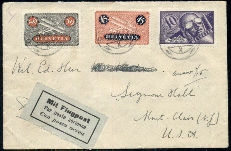 SWITZERLAND 1924 MULTI FRANKED AIRMAIL tied on pretty cover to U.S., VF