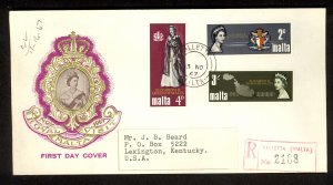 MALTA 1967 QE2 ROYAL VISIT Set Sc 378-380 on Cachet FDC Registered to USA