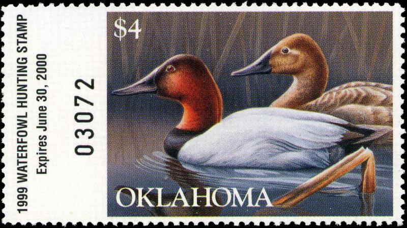 OKLAHOMA #20 1999 STATE DUCK STAMP CANVASBACKS byHoty Smith