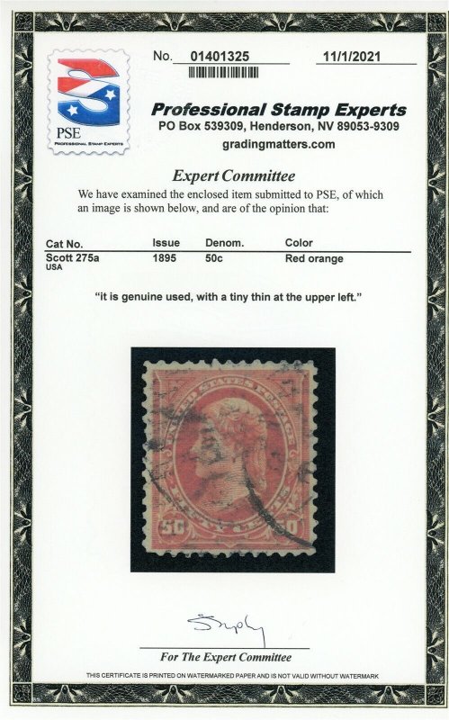 US Stamp #275a Jefferson 50c - PSE Cert - USED - tiny thin upper left 