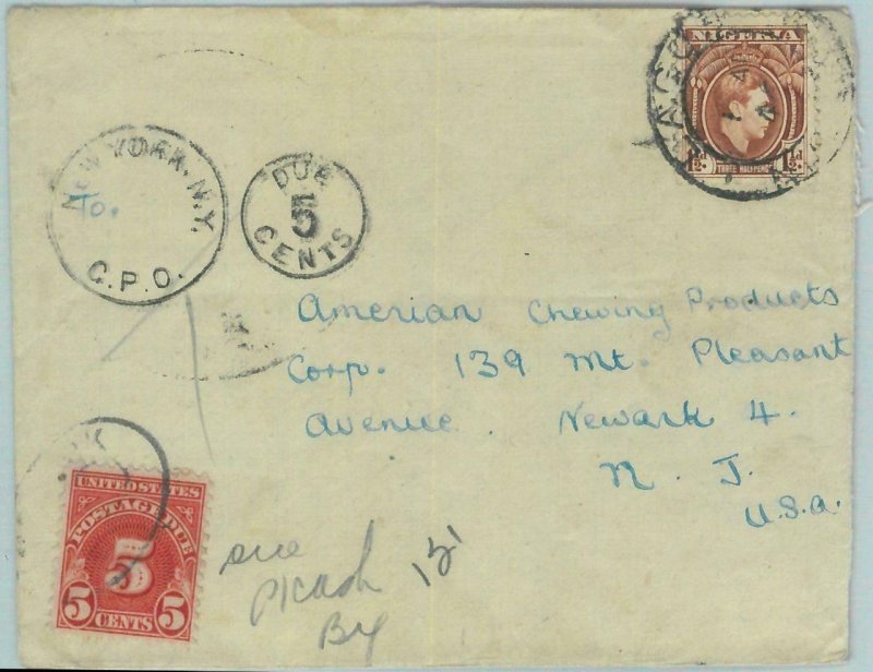 83371 - NIGERIA - POSTAL HISTORY -   COVER to USA 1940's TAXED on ARRIVAL