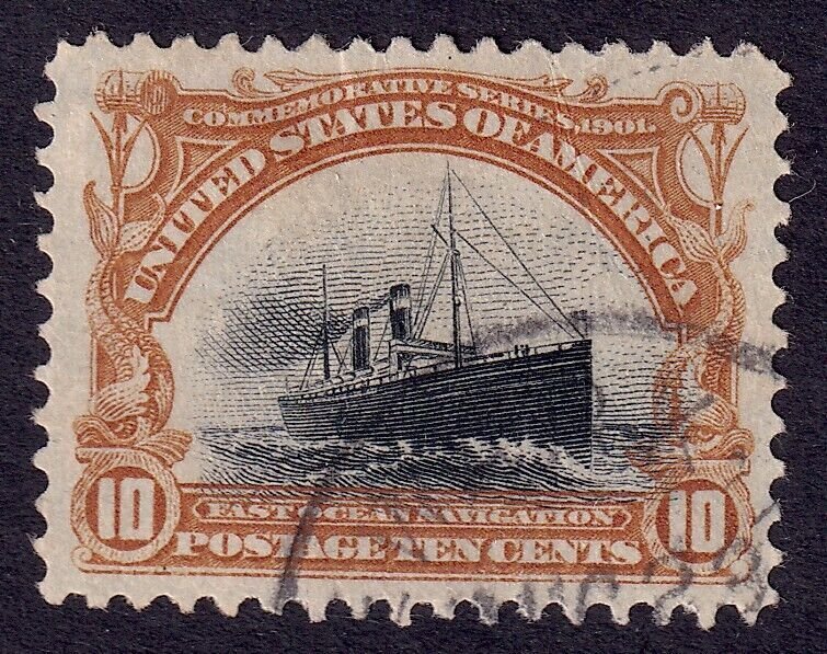US Scott 299, 1901 Fast Ocean Navigation, 10c yellow brown/blk, VERY FINE USED