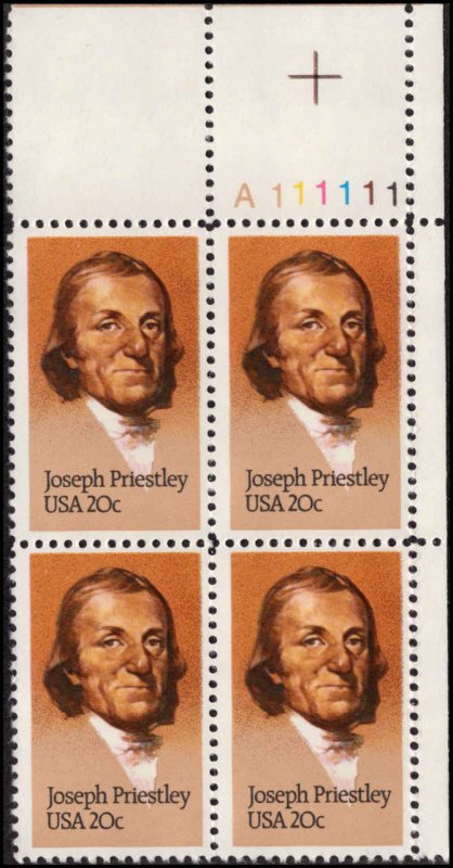 US #2038 JOSEPH PRIESTLEY MNH UR PLATE BLOCK #A111111 DURLAND $1.75