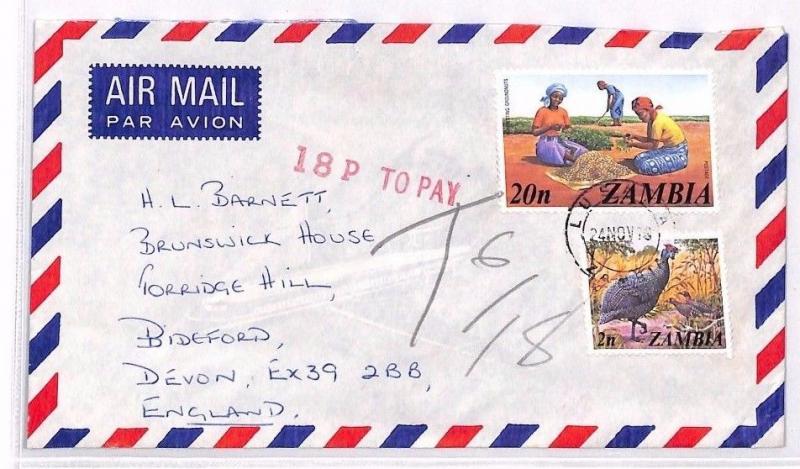 ZAMBIA UNDERPAID AIRMAIL Lusaka GB *18p TO PAY* Handstamp Devon 1976 XX64