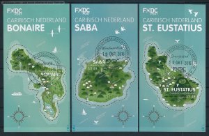 [120704] Caribbean Netherlands 2016 Map caribbean sea 3 souv. Sheets USED