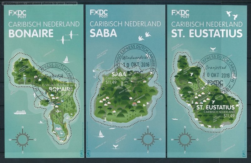 [120704] Caribbean Netherlands 2016 Map caribbean sea 3 souv. Sheets USED