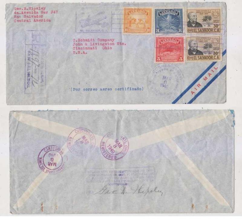 EL SALVADOR 1940 Sc 577-579 & C69 PAIR ON R-AIR COVER TO CINCINNATI, OH USA