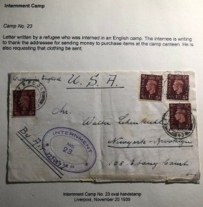 1939 Liverpool England Refugee Interment Camp Letter Cover To New York USA