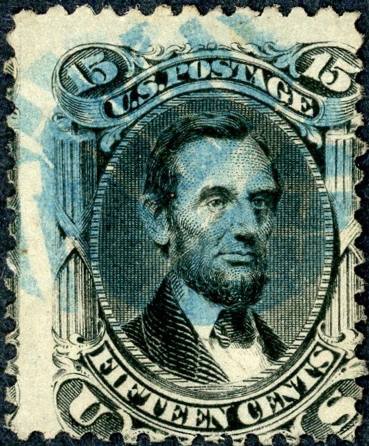 #77 – 1866 15c Lincoln, black. Used blue cancel.