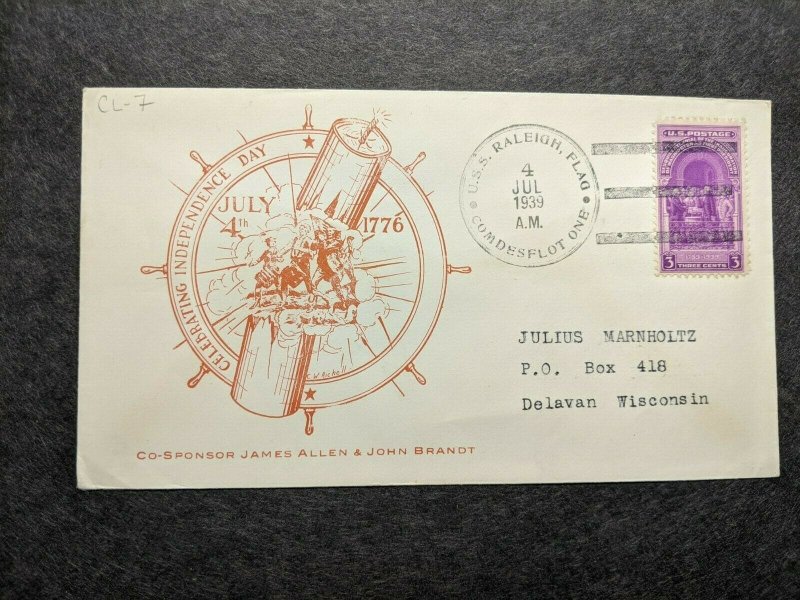 USS RALEIGH CL-7 Naval Cover 1939 INDEPENDENCE DAY Cachet  