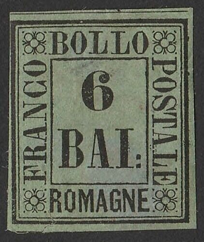 ITALY - ROMAGNA 1859 Type-set 6b black on yellow-green. Sass 7 €900.