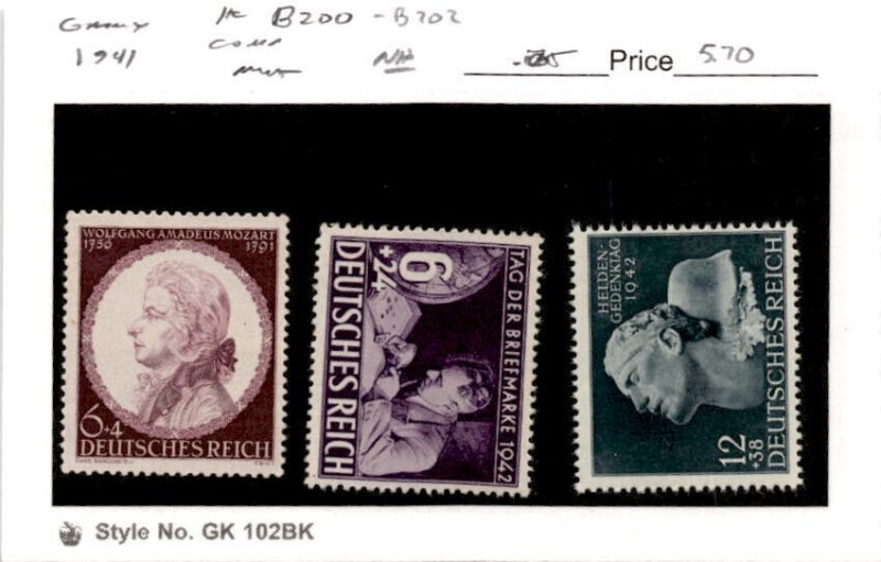 Germany, Postage Stamp, #B200-B202 Mint NH, 1941 Mozart, Philatelist (AK)