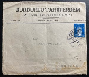 1940 Ismir Turkey Commercial Cover To Burdur