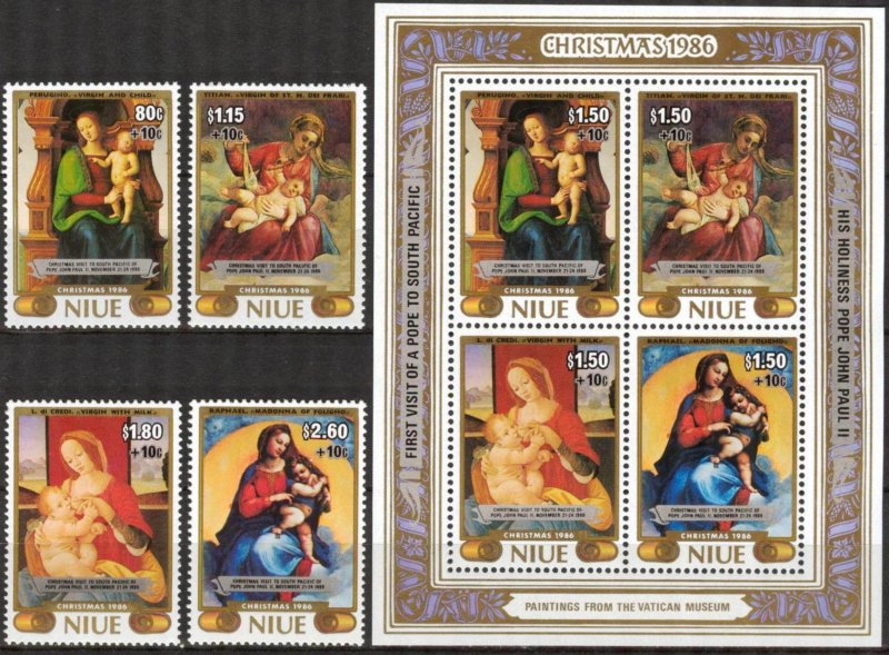 Niue 1986 Christmas Art Paintings Visit Pope set of 4 + S/S MNH