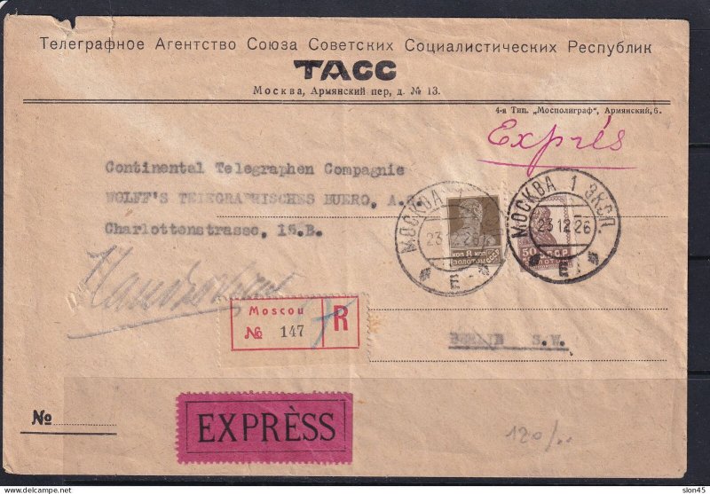 Russia 1926 Registered Express Cover TASS Moscow to Berlin 15283