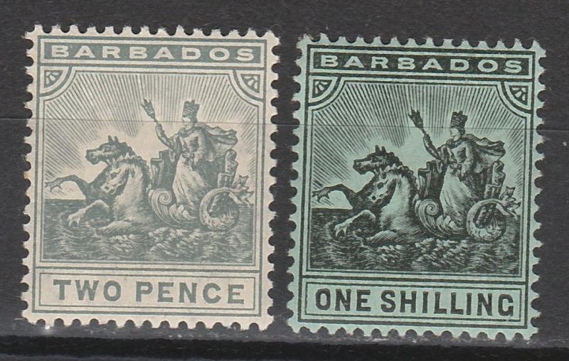 BARBADOS 1909 QV SEAHORSES 2D AND 1/- WMK MULTI CROWN CA