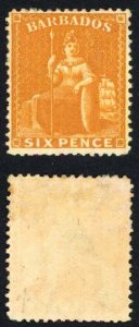 Barbados SG79 6d Crome-yellow Wmk Crown CC Cat 150 pounds