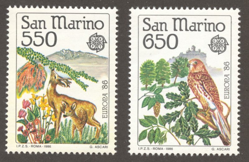 San Marino Scott 1107-08 MNHOG - 1986 EUROPA '86 Deer and Falcon-SCV $18.00
