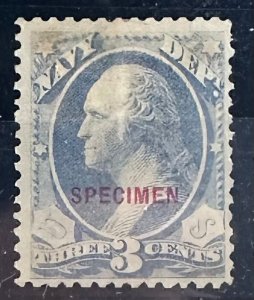 US #O37S F 3c NAVY DEPT w/SPECIMEN overprint 1875 SCV ~$1750 [$087]