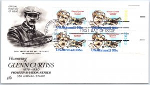 US FIRST DAY COVER GLENN CURTIS PLATE AVIATION PIONEER PLATE BLOCK OF (4) CACHET