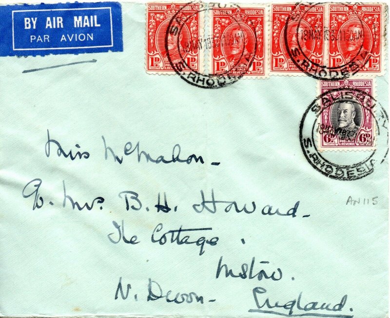 1931 Southern Rhodesia Sg16 & 20 Air Mail Cover to Histon flown Imperial Airways