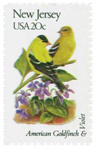 1982 20c State Birds & Flowers, New Jersey, Goldfinch, Violet Scott 1982 Mint NH