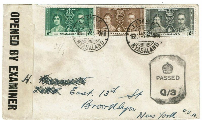 Nyasaland 1943 Limbe cancel on cover to the U.S., censored