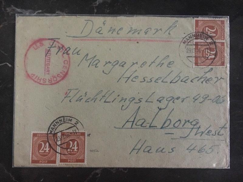 1946 Mannheim Germany Us Civil Censored Cover to Aalborg Denmark