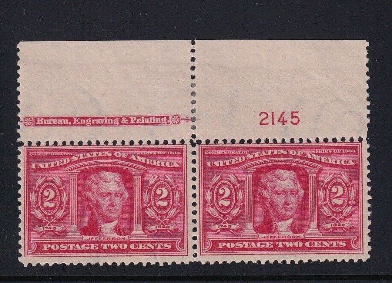 324 Pair w/ plate # stamps hinged with nice color cv $ 160 ! see pic !