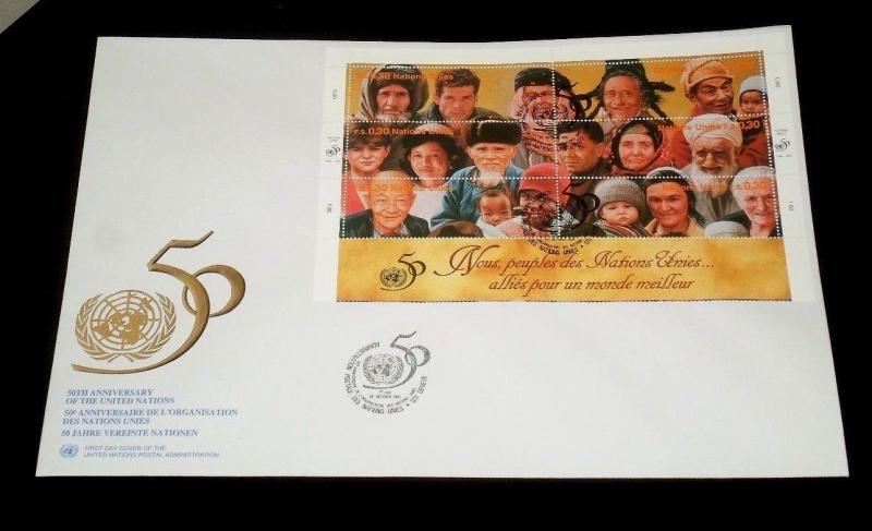 U.N. 1995, GENEVA #275 PEOPLE OF U.N SHEETS/6 OVER SIZED COVER, FDC NICE! LQQK!