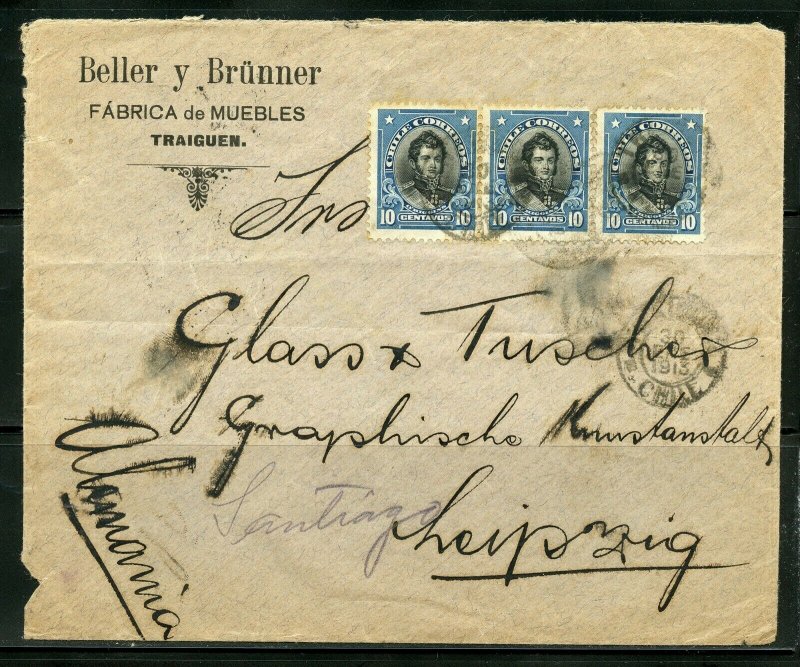 CHILE TRAIGUEN, 1/30/1913 COVER VIA SANTIAGO TO LEIPZIG, GERMANY AS SHOWN