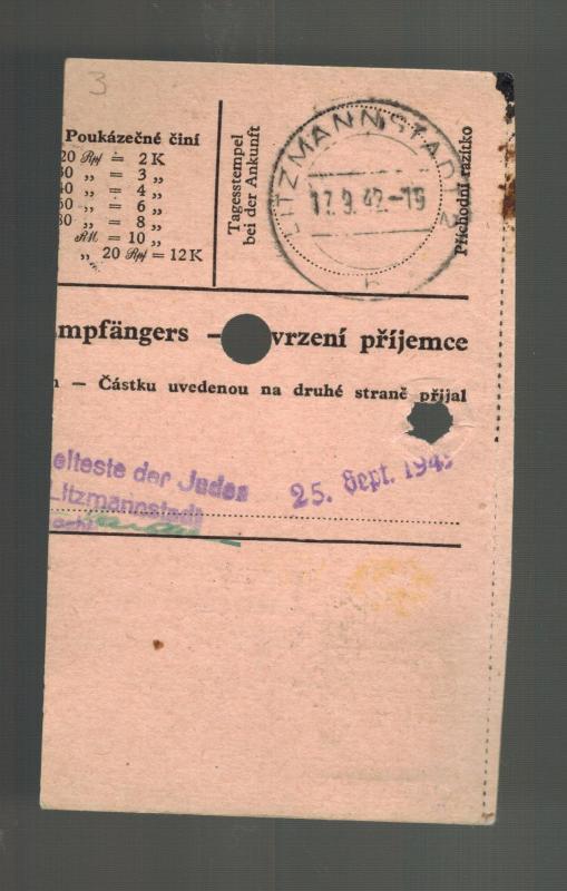 1942 Prague Germany Litzmannstadt Jewish Ghetto Money Order Receipt Karl Frankl