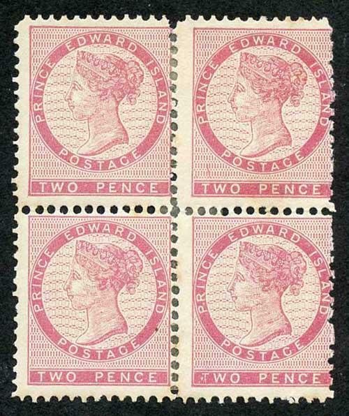 PRINCE EDWARD Is SG22 1862 2d rose on yellowish paper block of 4 with varieties