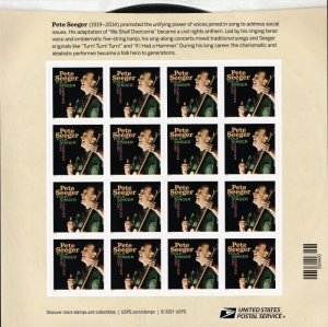 2022 60c Forever Pete Seeger, American Folk Singer Scott 5708 Mint Sheet of 16