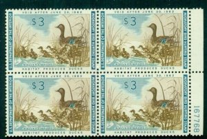 US #RW28 $3.00 Mallard Hen, Plate No. Block of 4 w/o bottom missing, og, NH