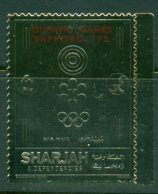 Sharjah 1972 Mi#1044A Winter Olympics Sapporo Red Opt Gold Foil embossed MLH