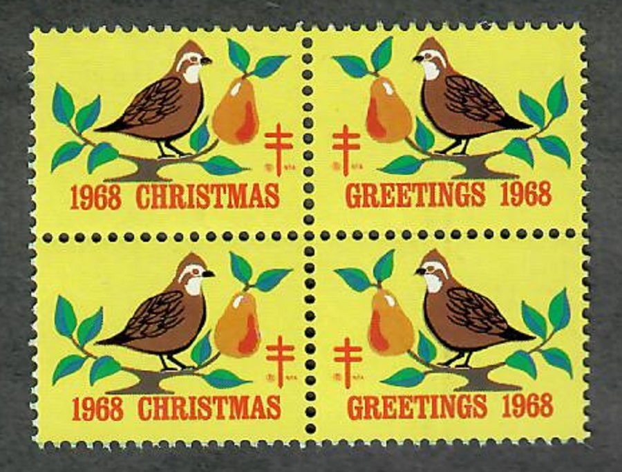 Christmas Seals from 1968 MNH block of 4 United States, Back of Book