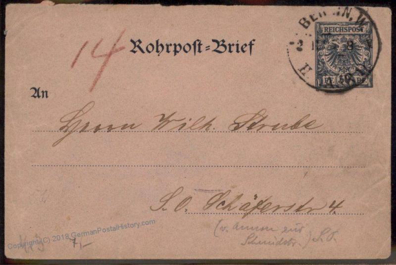 German 1895 Empire Berlin Rohrpost Pneumatic Mail Stationery  Cover 84456