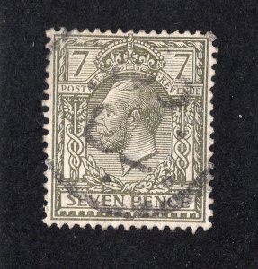 Great Britain 1915 7p bronze green George V, Scott 168a used, value = $29.00