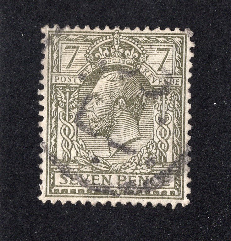 Great Britain 1915 7p bronze green George V, Scott 168a used, value = $29.00