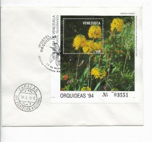 VENEZUELA 1994 ORCHIDS FLOWERS FLORA SOUVENIR SHEET ON FIRST DAY COVER FDC