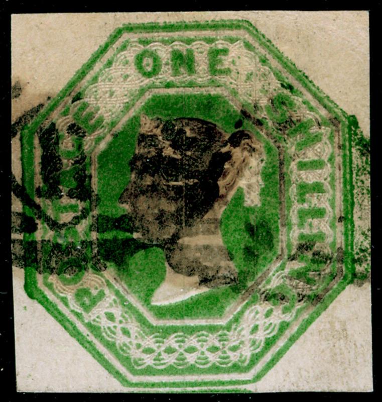 SG55, 1s green, CUT SQUARE, used. Cat £1000. 4 MARGINS.