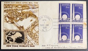 USA, 1939, SC#853, FDC, Block of 4, Used, F, Crosby Cachet