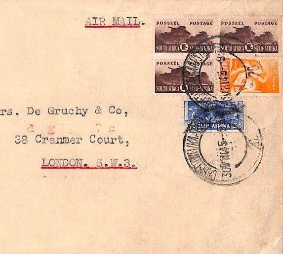 S.Africa WAR EFFORT ISSUES High Rate 3s/9d Airmail Cover TANKS PAIR 1945 BL351