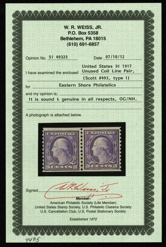 US.#493  WEISS CERT. WASH/FRNK COIL LINE PAIR - MOGNH - F/VF $150.00 (ESP#4485)