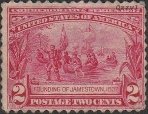 US #329 1907 2c Carmine Foundation of Jamestown UNUSED-Poor-DOG-H.