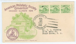 US 730a 1933 1c Century of Progress (strip of three from Farley imperf sheet) on an addressed  (typed) FDC with a Beverly Hills