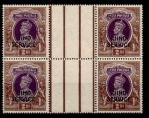 INDIA-JIND SGO84 1942 2r PURPLE & BROWN GUTTER BLOCK OF 4 MNH 