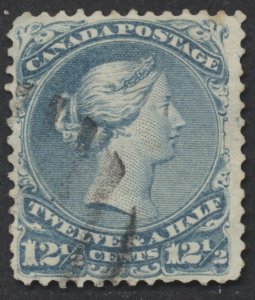 Canada #28 12 1/2c Large Queen F-VF Centering Tiny Perf Tear at Bottom